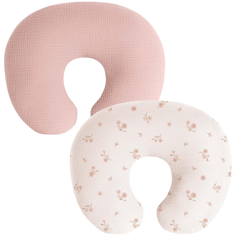 Coreeky Muslin Nursing Pillow Covers, 2 Pack, Soft & Adorable Slipcovers with Zipper Closure, 100% Cotton Covers for Breastfeeding Pillows (Pink, Flower) - Image 1
